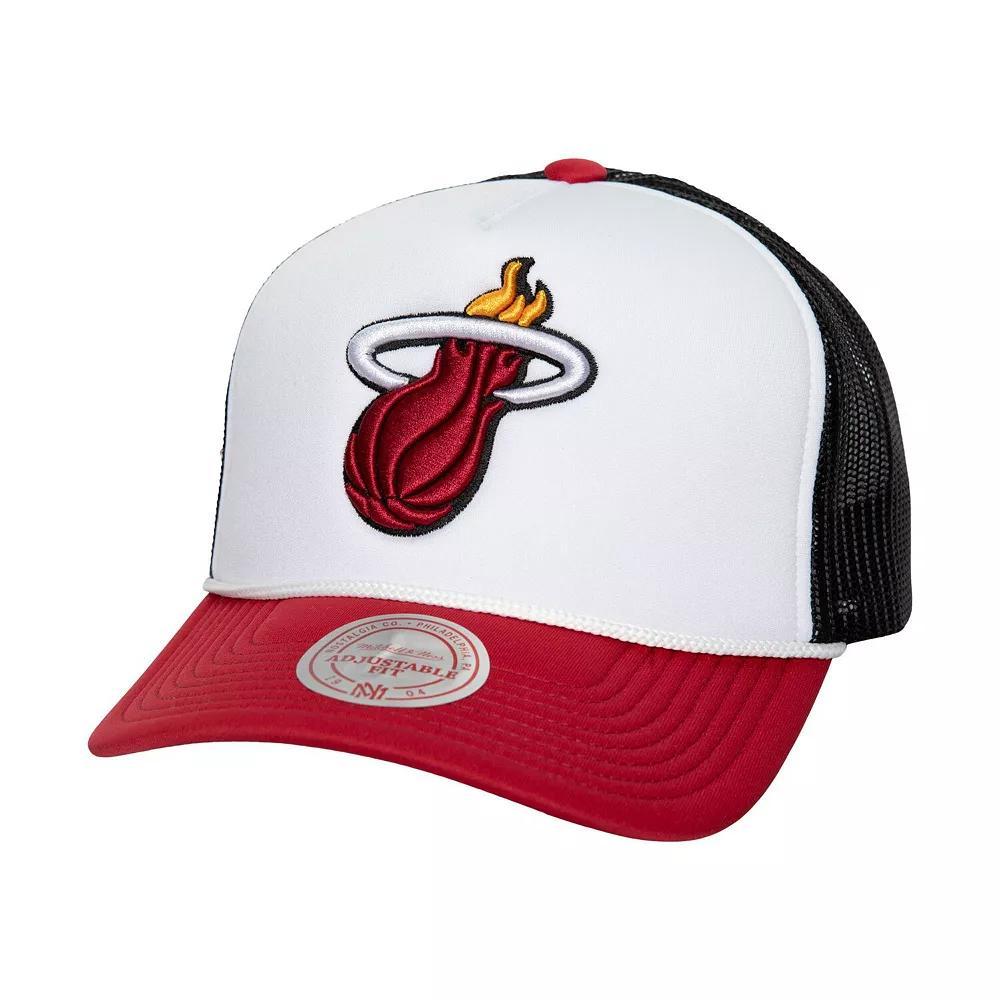 Men's Mitchell & Ness White Miami Heat Hardwood Classics Blocker Foam Front Trucker Adjustable Hat Product Image