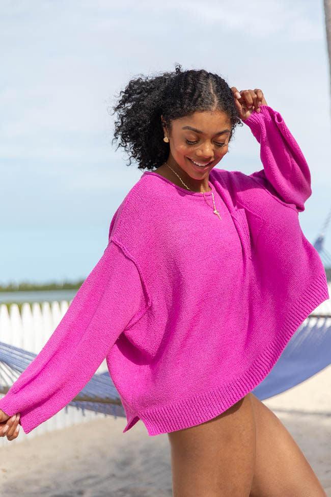 Tell Me Everything Magenta Oversized Pocketed Light Weight Sweater SALE Product Image