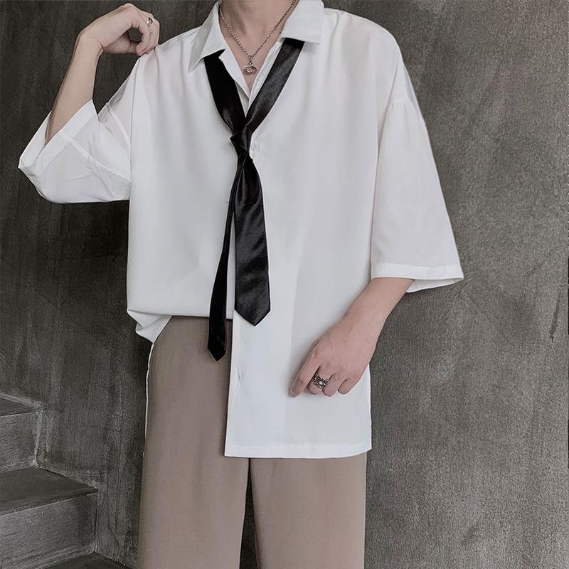 Elbow-Sleeve Lapel Collared Plain Shirt Product Image