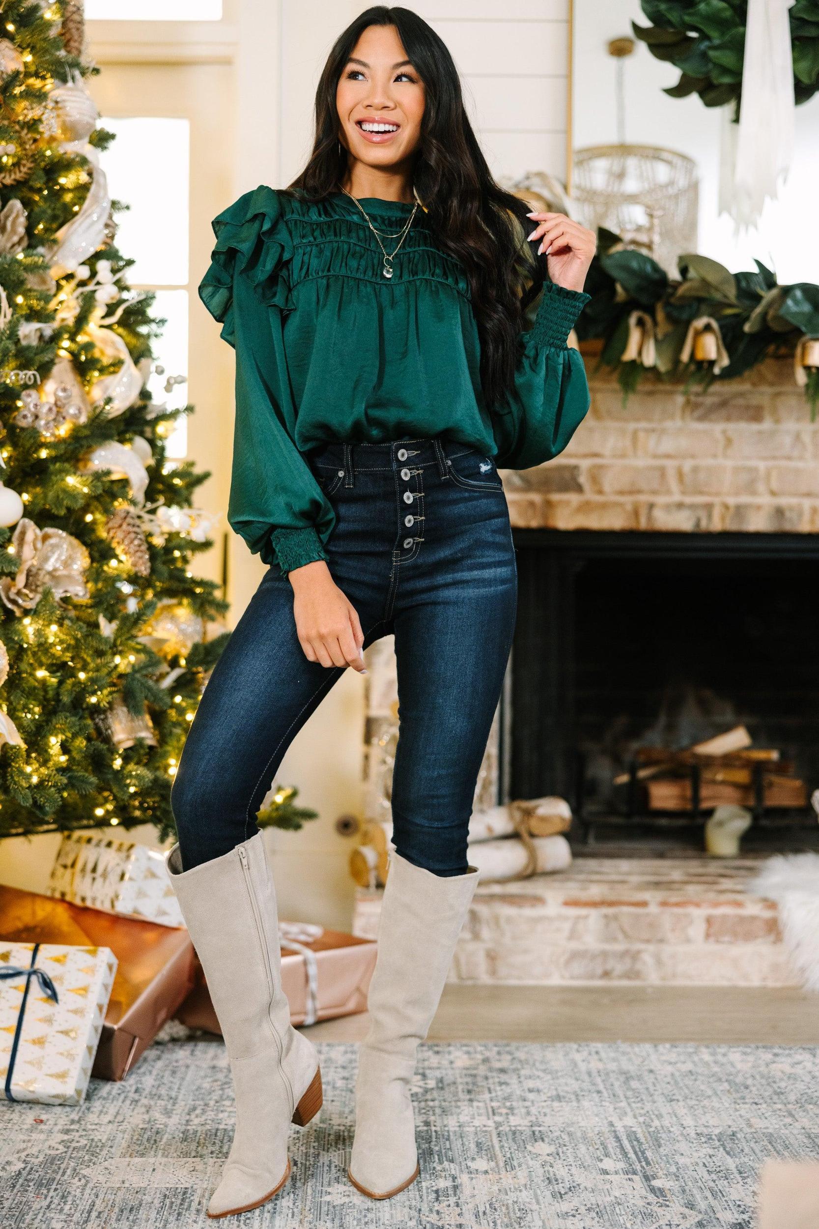 Going Out Hunter Green Ruffled Satin Blouse Female Product Image