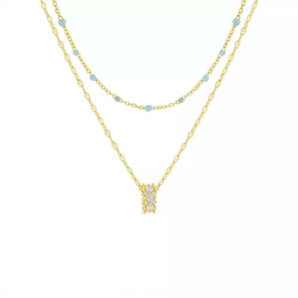 PRIMROSE 14k Gold Flash Plated Cubic Zirconia Rondelle & Simulated Turquoise Bead Double Strand Necklace, Women's, Size: 18", Gold Tone Team Product Image