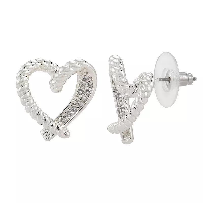 Brilliance Silver Tone Cubic Zirconia Rope Texture & Pave Open Heart Stud Earrings, Women's, Silver Tone Clear Product Image