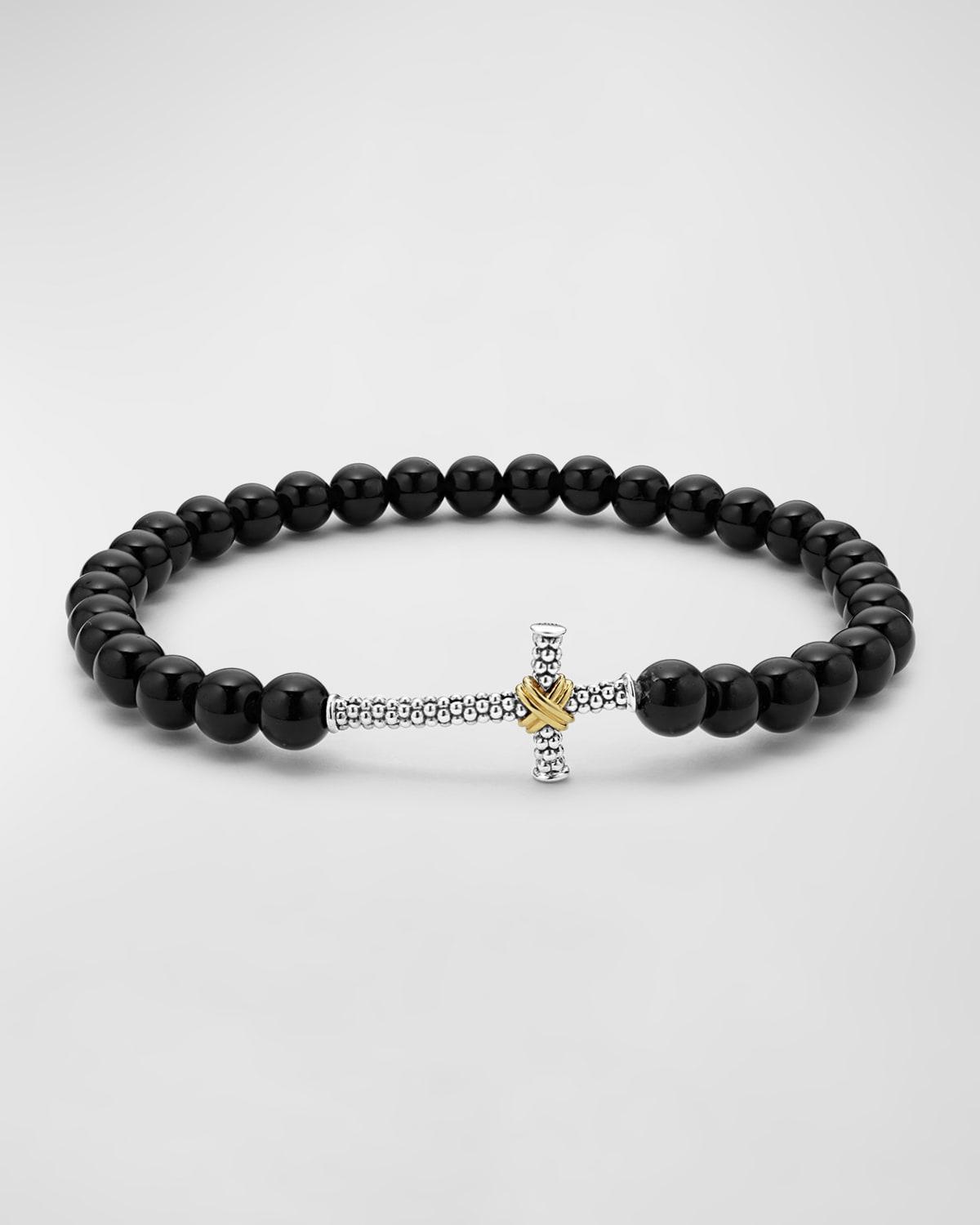 Lagos Mens 18K Yellow Gold & Sterling Silver Anthem Onyx Bead Cross Stretch Bracelet - Exclusive Product Image