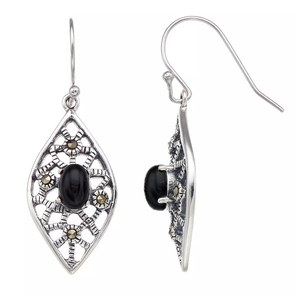 Tori Hill Marcasite & Onyx Filigree Marquise Drop Earrings, Women's, Silvertone Product Image