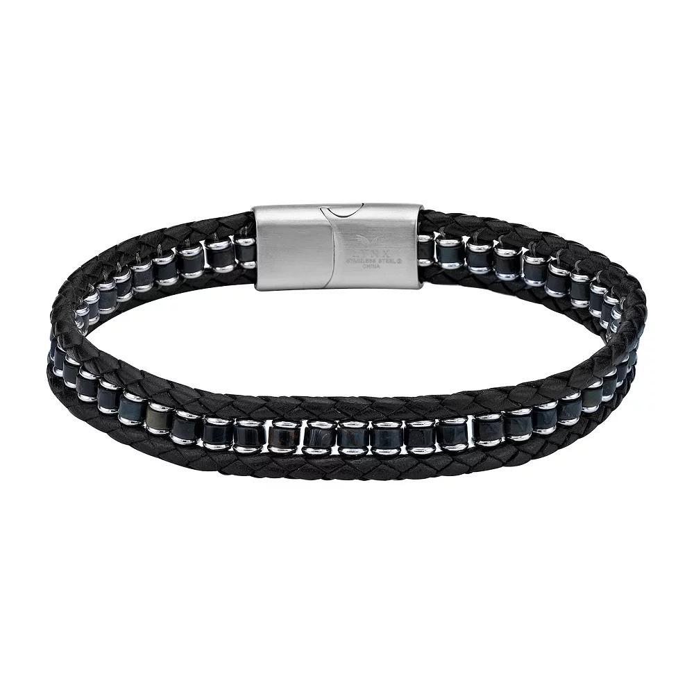 LYNX Men's Stainless Steel Braided Black Leather Bracelet, Size: 8.5" Product Image