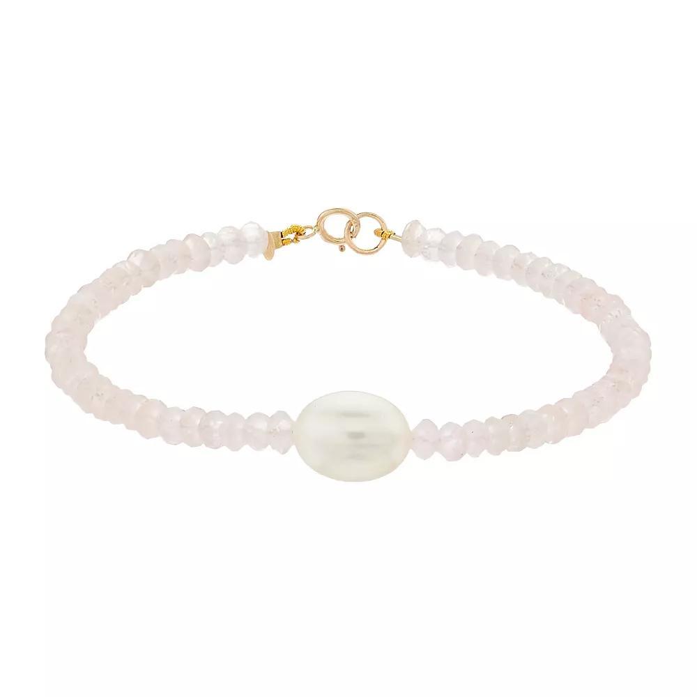 Jewelmak 14k Gold Rose Quartz Rondelle Freshwater Cultured Pearl Bracelet, Womens Product Image