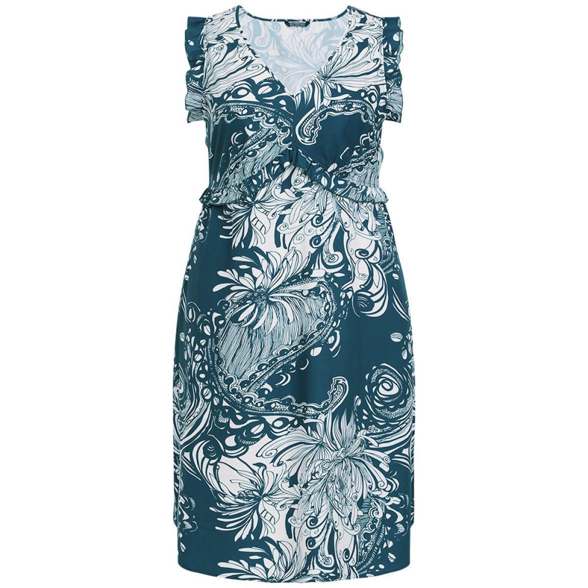 Plus Size Floral Print Sleeveless Pocket V Neck Frill Trim Dress DarkBlue Women Elegant Ruffles V-neck Sleeveless Curvy Midi Dress BloomChic 14-16/1X Product Image
