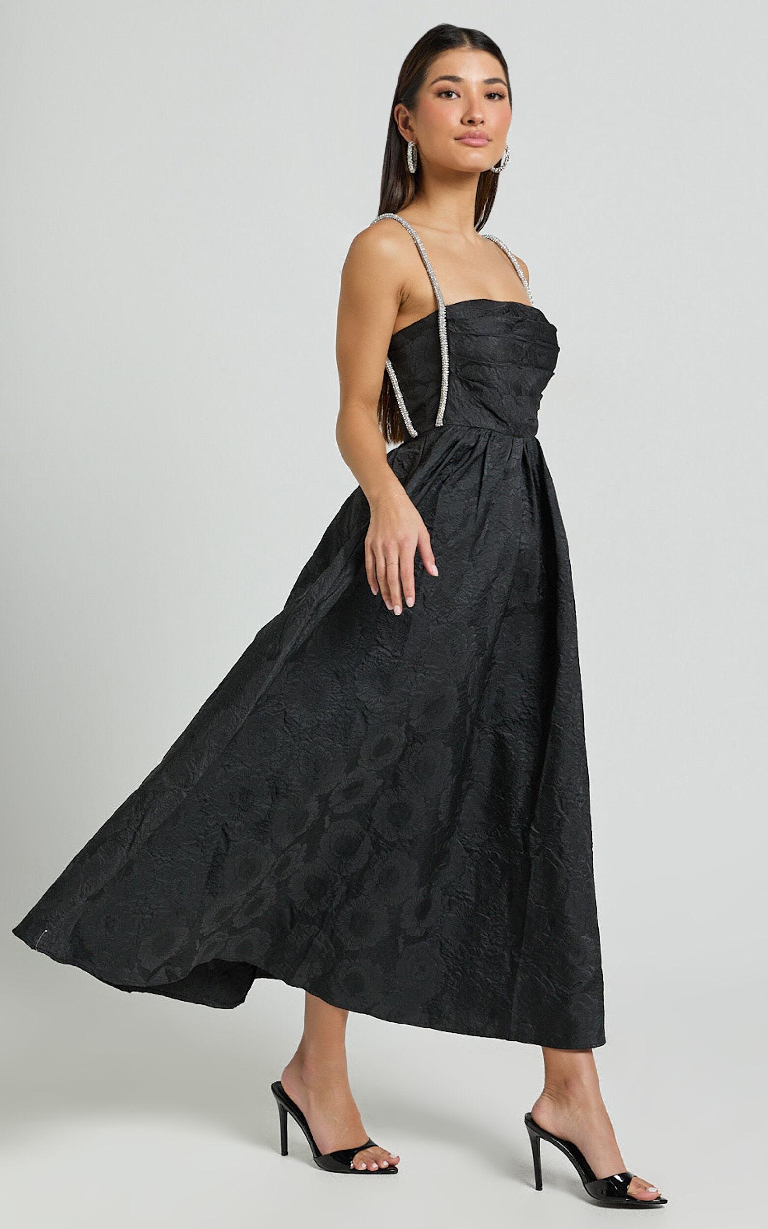Alvia Midi Dress - Diamante Strap Ruched Straight Neck Dress in Black Product Image