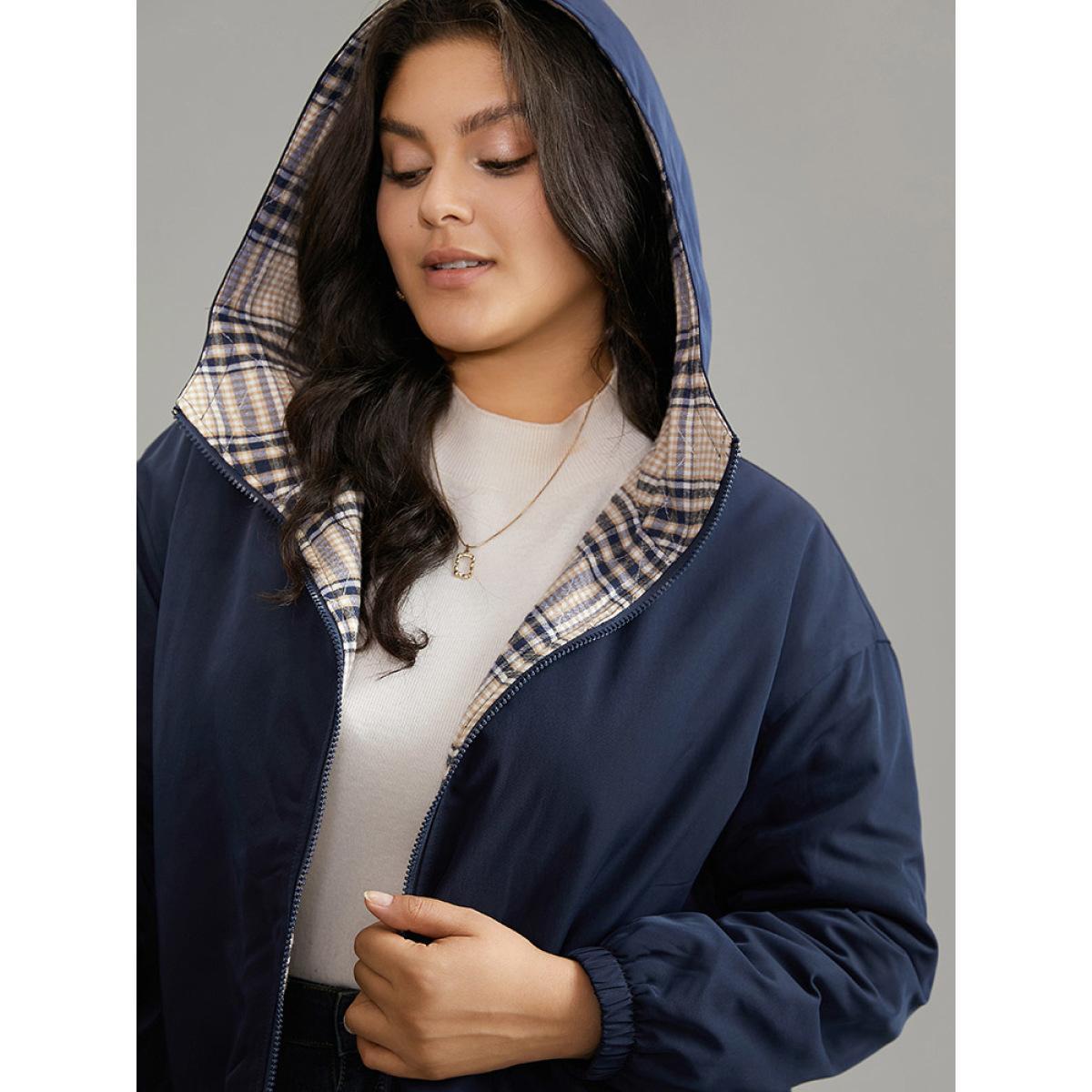 Plus Size Plaid Zipper Pocket Trench Patchwork Jacket Women Indigo Casual Elastic cuffs Ladies Dailywear Winter Coats BloomChic 26/4X Product Image