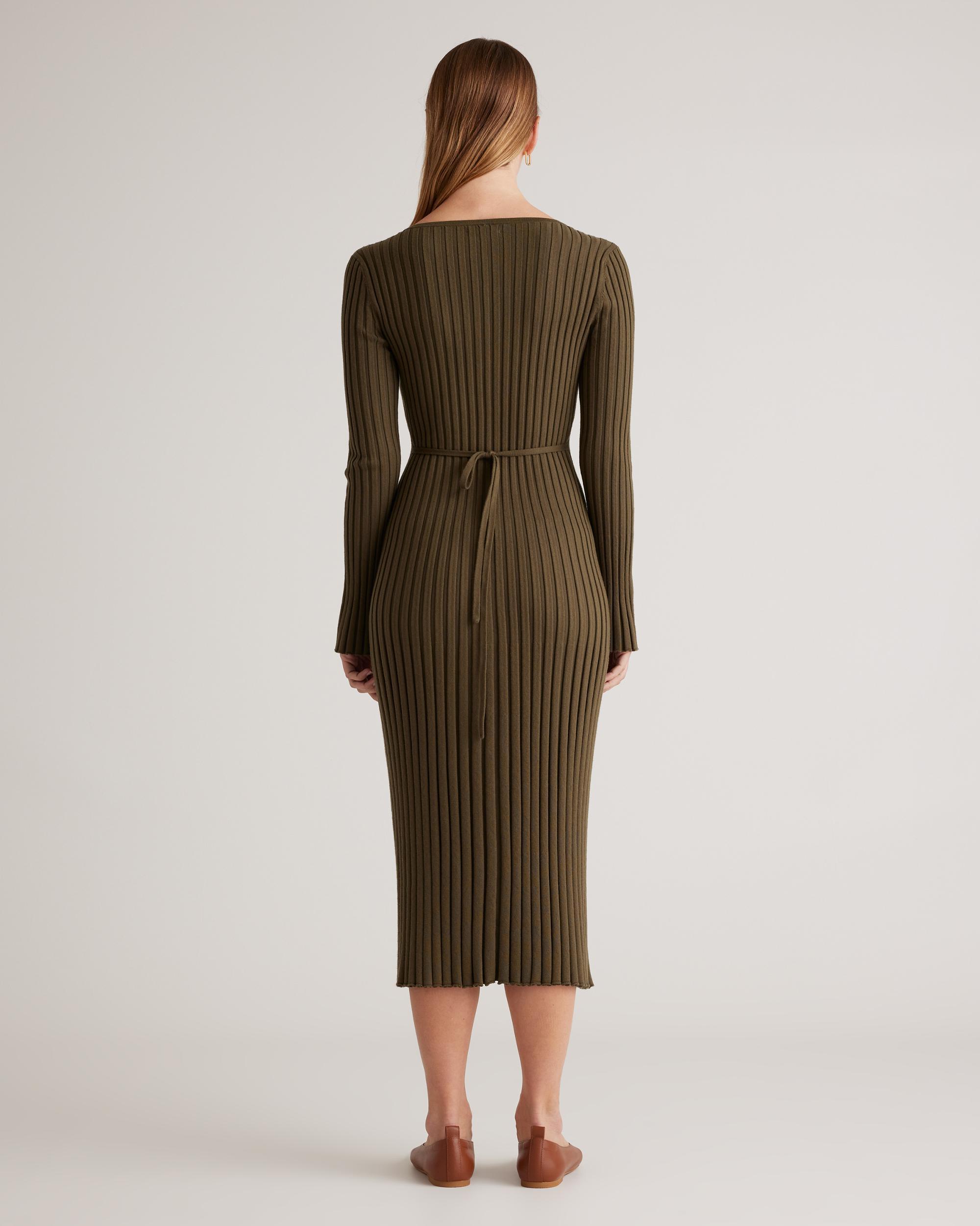 Quince | Women's Cotton Cashmere Ribbed Long Sleeve V-Neck Midi Dress Product Image