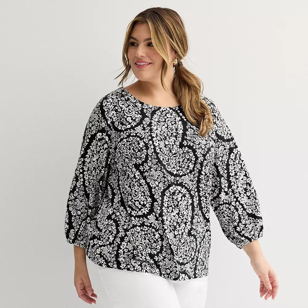 Plus Size Croft & Barrow® 3/4-Sleeve Pleated Top, Women's, Size: 4XL, Black Floral Paisley Product Image