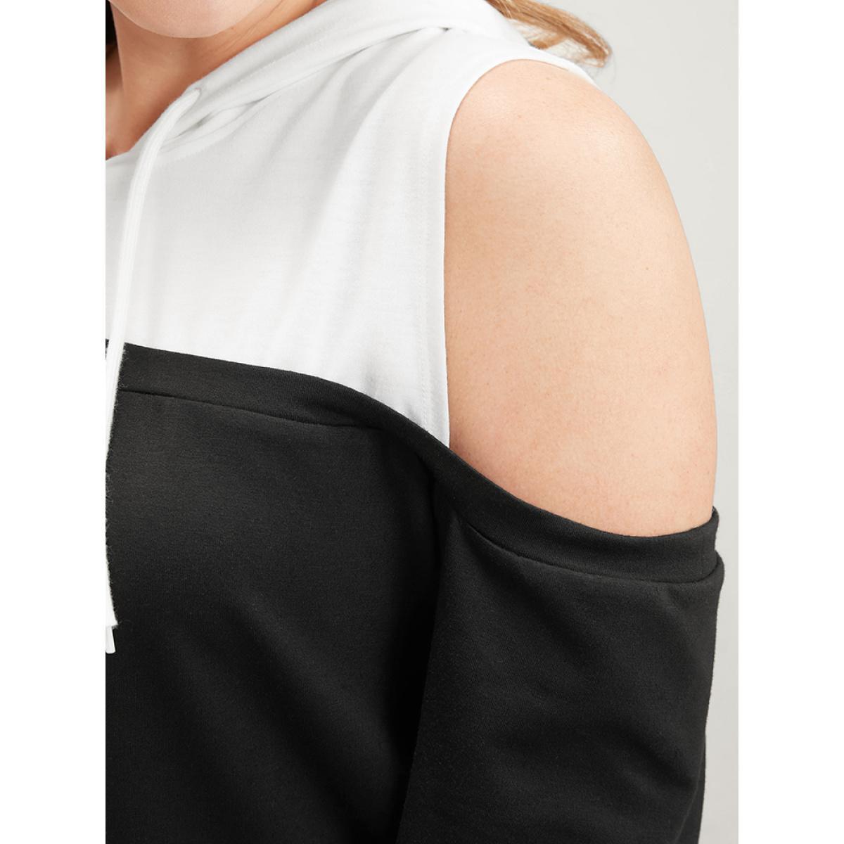 Plus Size Colorblock Contrast Drawstring Cut Out Sweatshirt Women Black Casual Contrast Hooded Dailywear Sweatshirts BloomChic 12/L Product Image