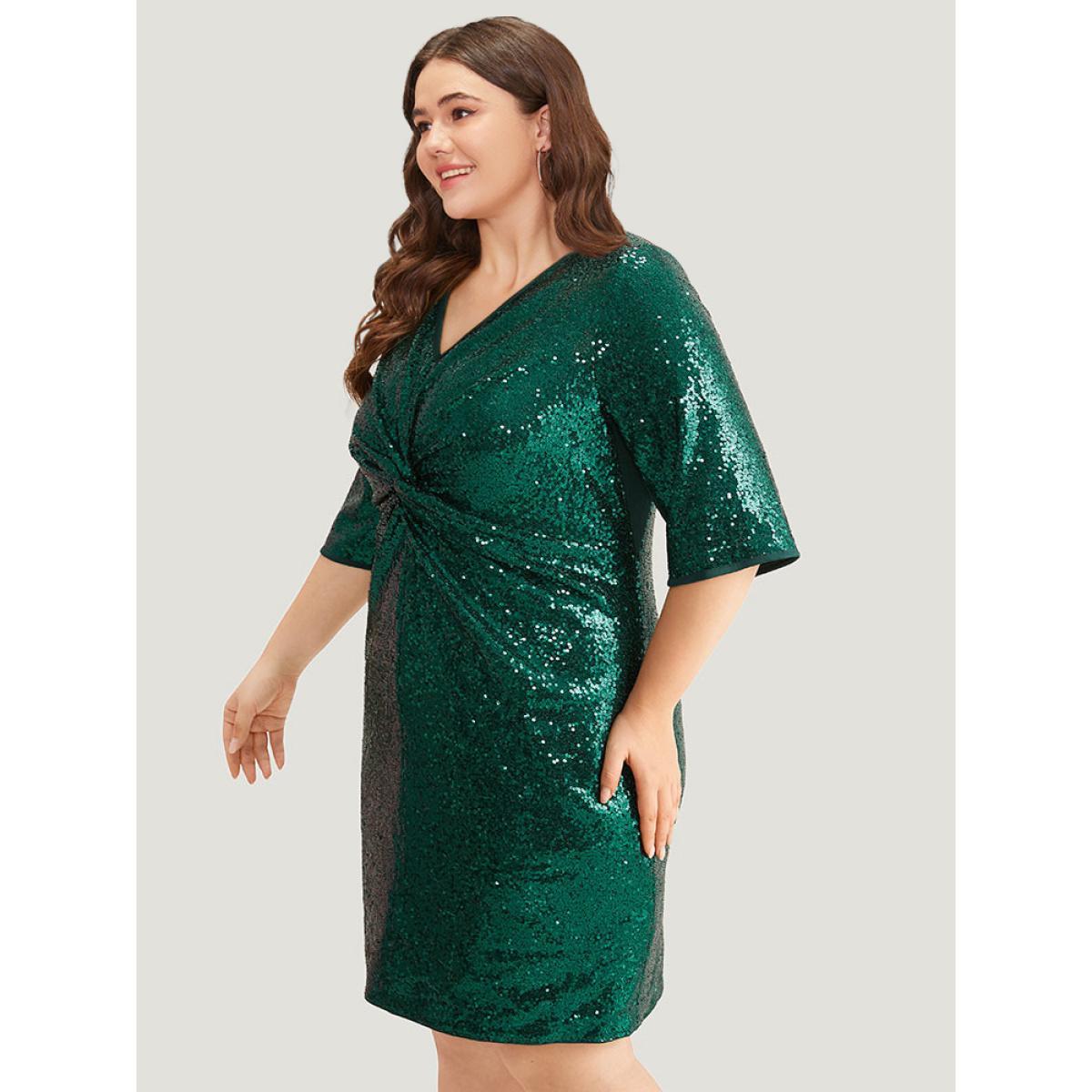 Plus Size Sequin Twist Front V Neck Dress DarkGreen Women Party Plain V-neck Short sleeve Curvy Knee Dress BloomChic 28/5X Product Image