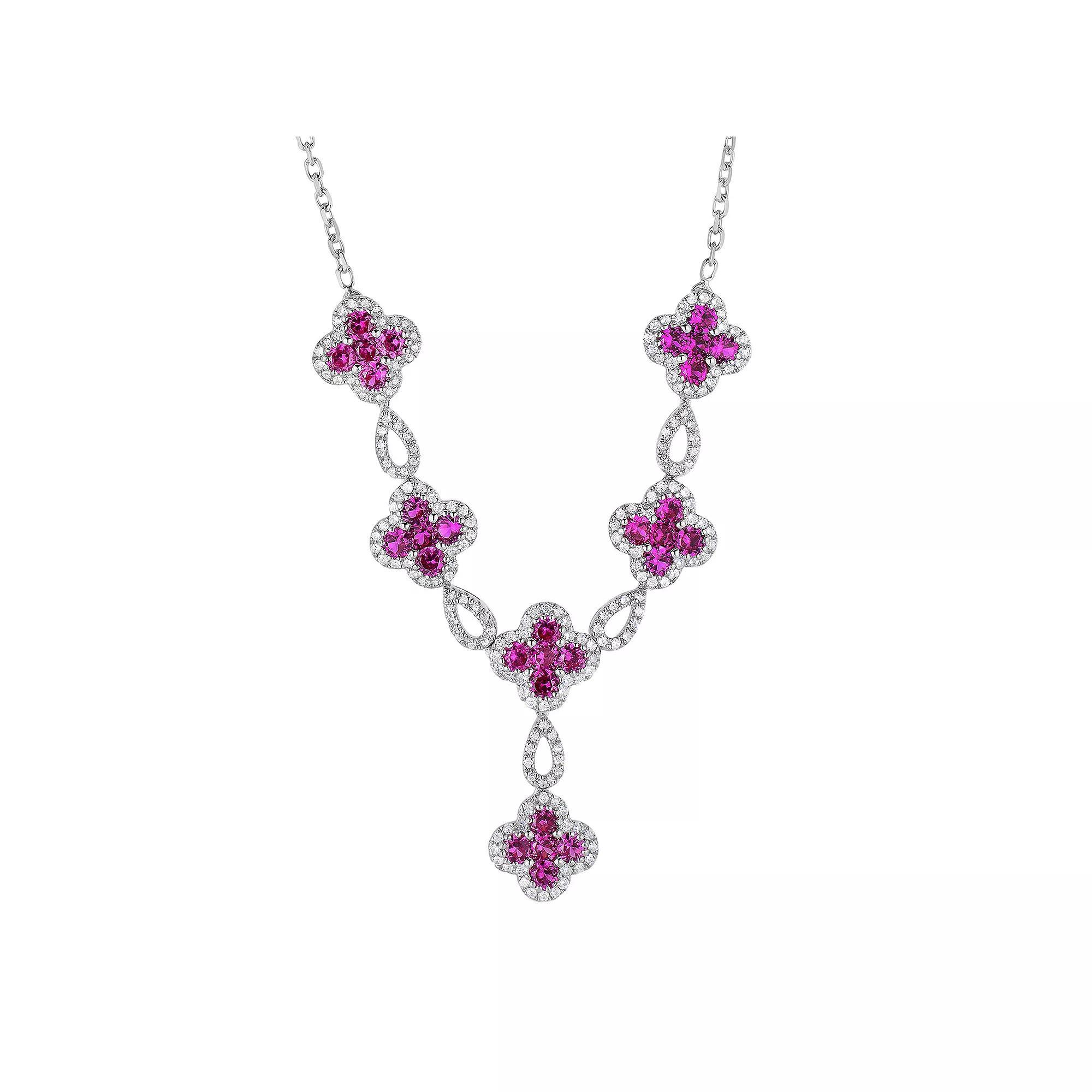 Sterling Silver Lab-Created Ruby & Lab-Created White Sapphire Flower Y Necklace, Women's, Size: 18" Product Image