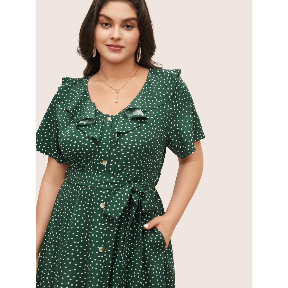 Plus Size Polka Dot Flutter Trim Belted Button Detail Dress DarkGreen Women Elegant Non V-neck Sleeveless Curvy Midi Dress BloomChic 10/M Product Image