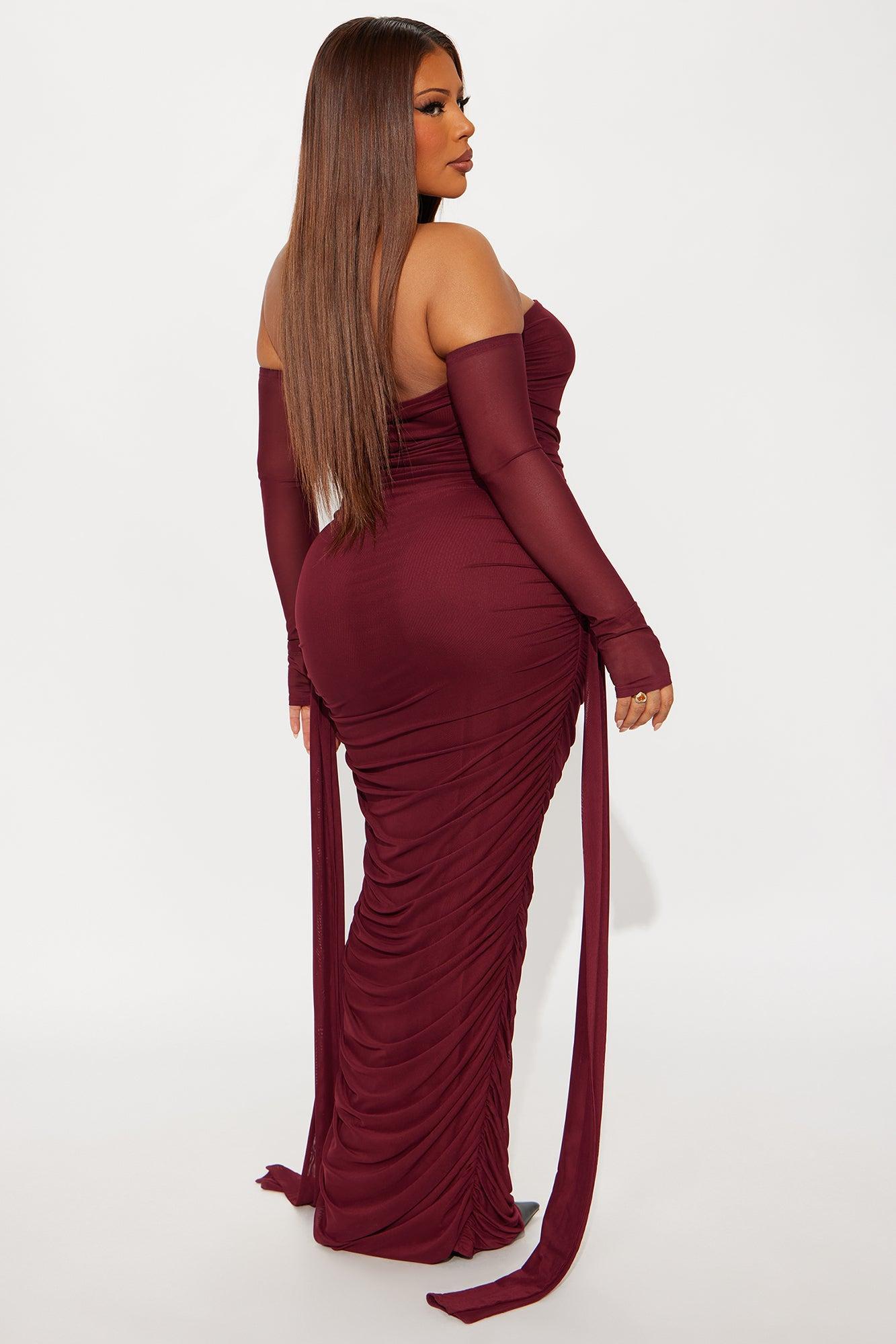 Kourtney Mesh Ruched Maxi Dress - Burgundy Product Image