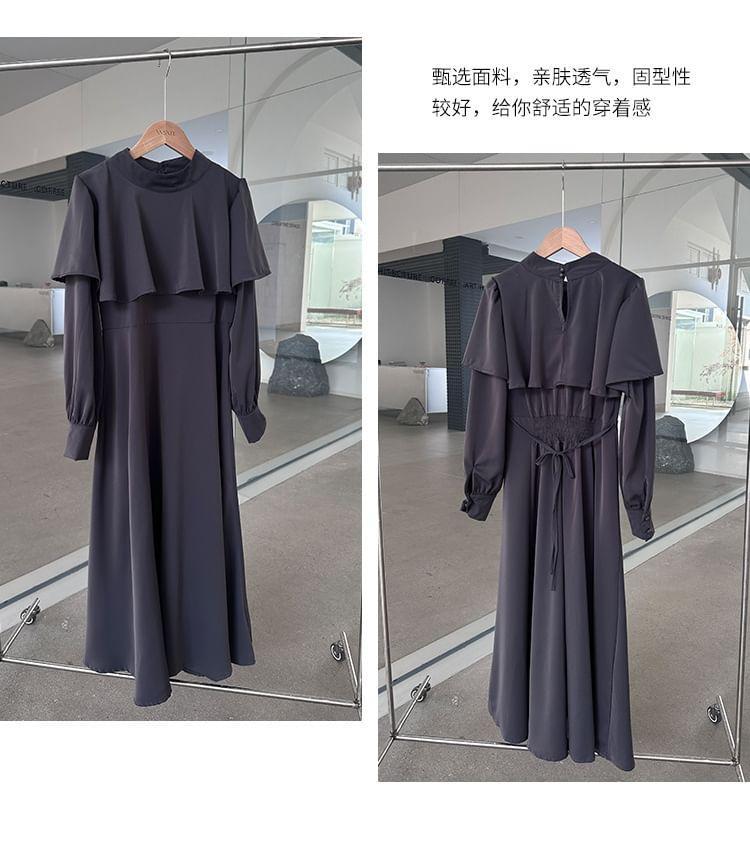 Puff-Sleeve Mock Neck Plain Maxi A-Line Dress Product Image