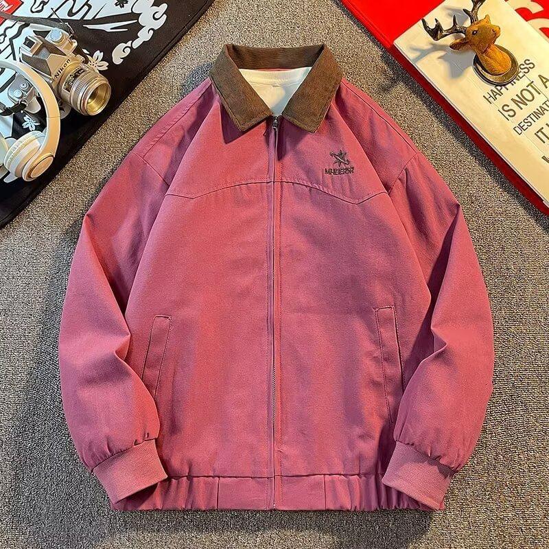 Lapel Collar Lettering Embroidered Zip Jacket Product Image