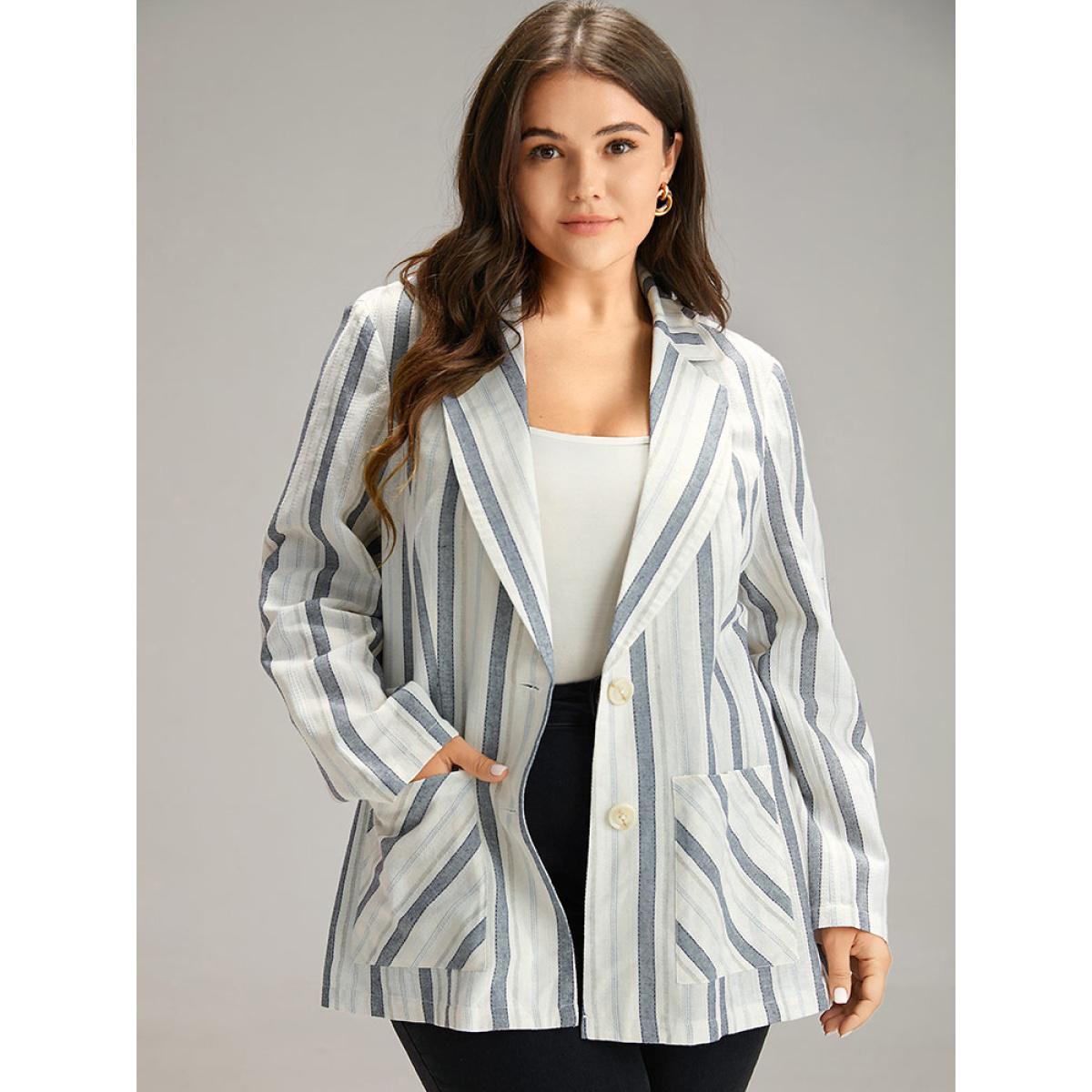 Plus Size Striped Suit Collar Pocket Blazer Blue Women Dailywear Striped Contrast Sleeve Long Sleeve Suit Collar 10/M Pocket Casual Blazers BloomChic Product Image