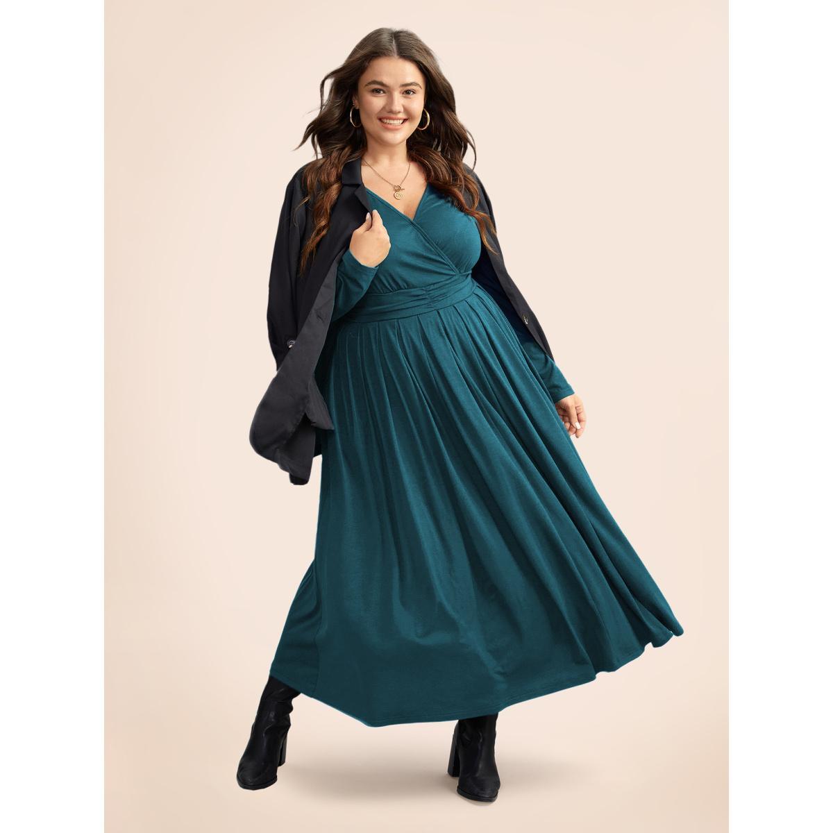 Plus Size Supersoft Essentials Ruched Wrap Pleated Hem Dress Aegean Women Casual Non Overlap Collar Long Sleeve Curvy Midi Dress BloomChic 14-16/1X Product Image