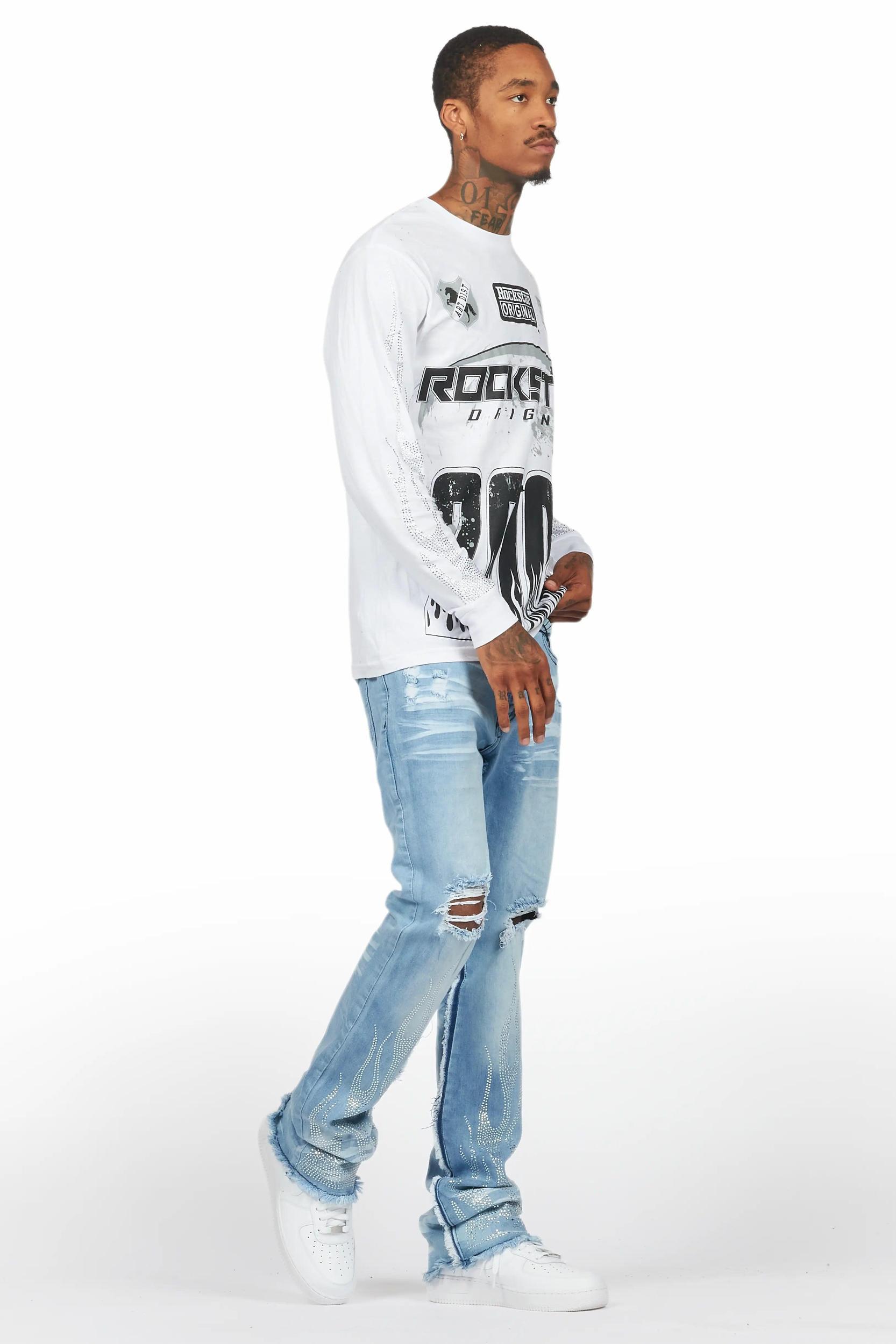 Amos White/Blue Rhinestone Long Sleeve T-Shirt/Stacked Flare Jean Set Male Product Image