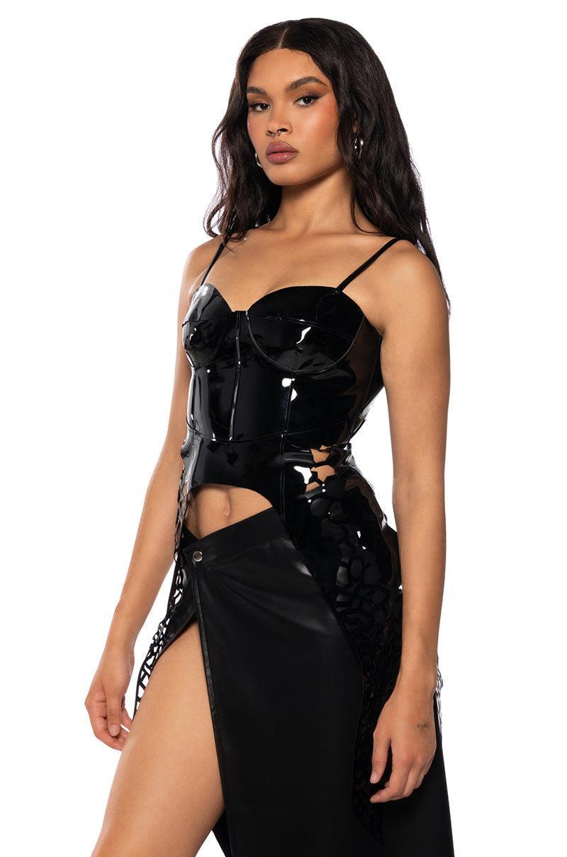 SAFE ON MY OWN VINYL CORSET TOP IN BLACK Product Image