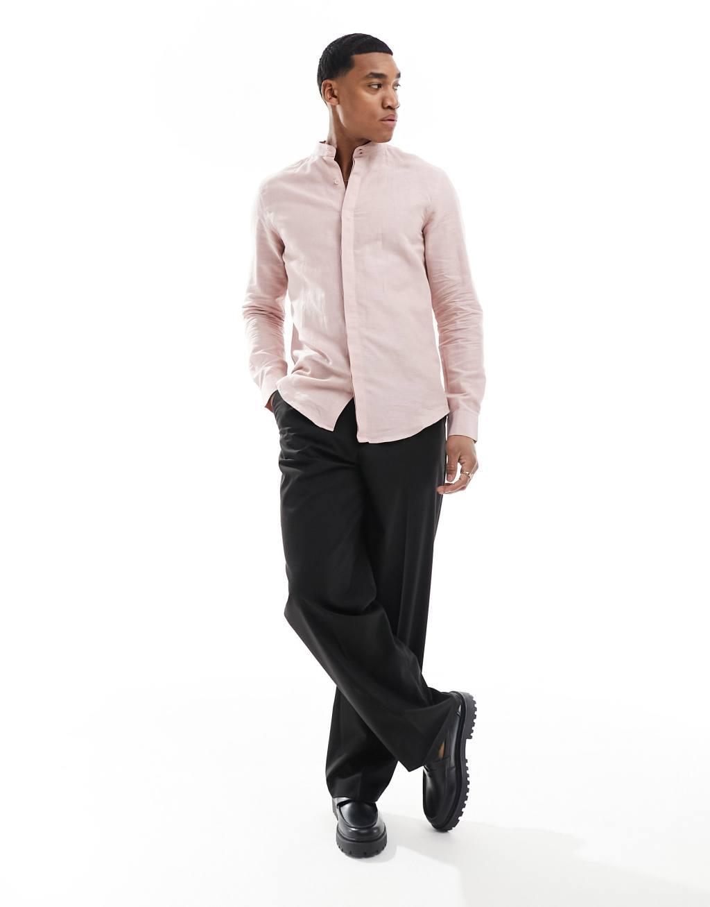 ASOS DESIGN smart linen regular shirt with deep grandad collar in black Product Image