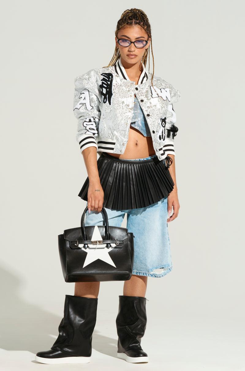 REELA SILVER BROCADE BOMBER JACKET IN SILVER Product Image