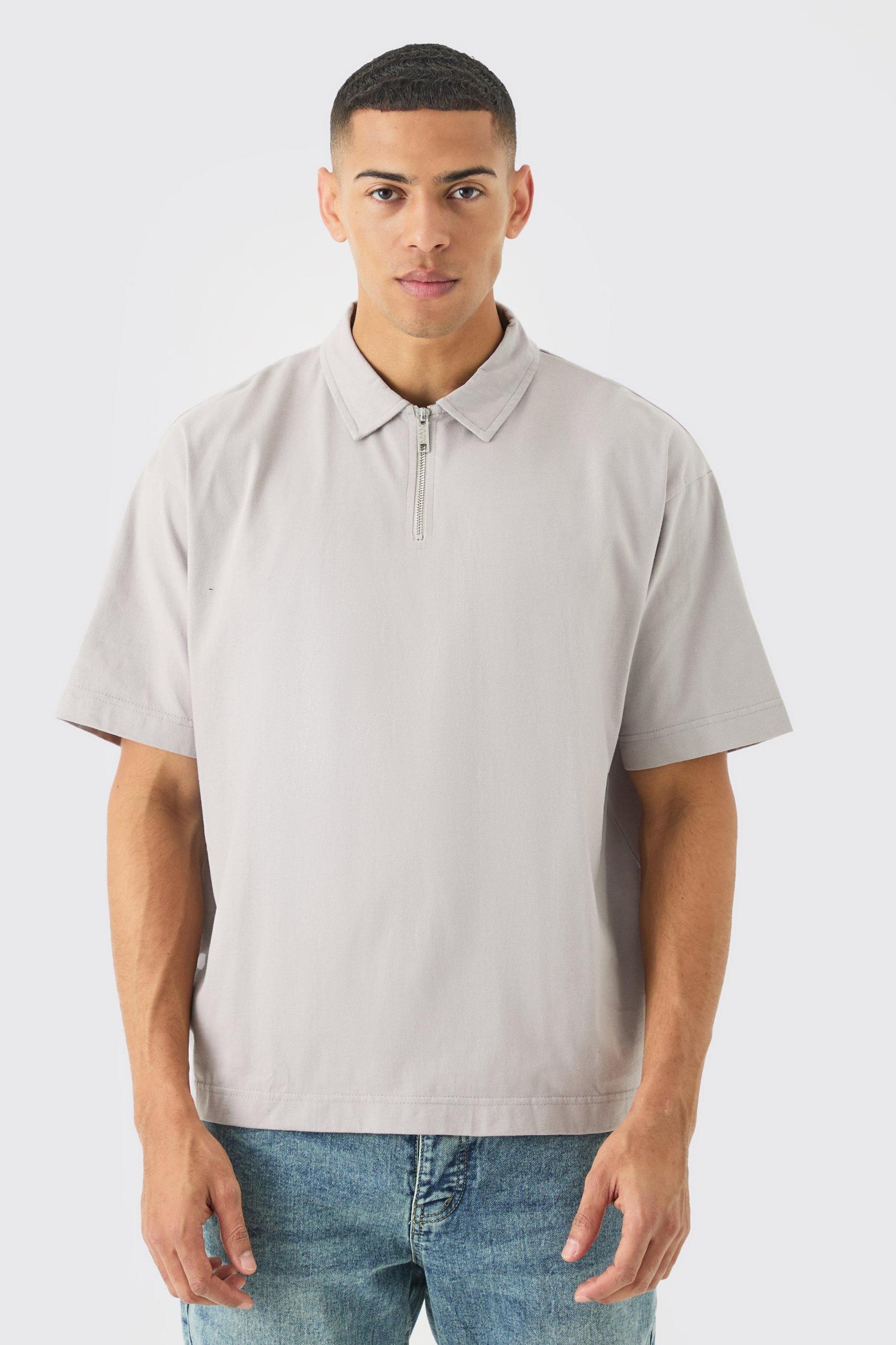 Oversized Heavy Zip Neck Polo | boohooMAN USA Product Image