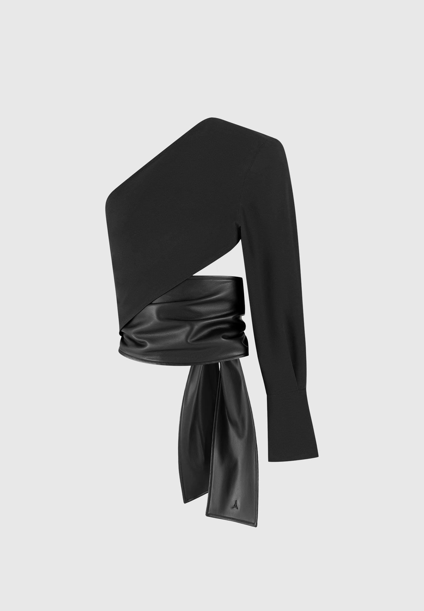 Coralie - One Sleeve Leather Wrap Top - Black Female Product Image