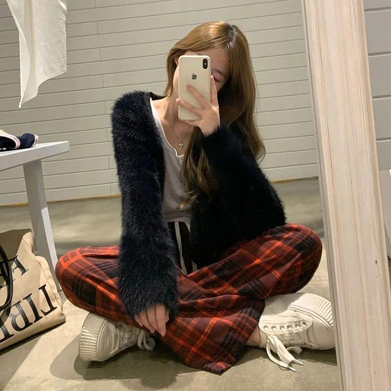 Drawstring Waist Plaid Wide Leg Pants Product Image