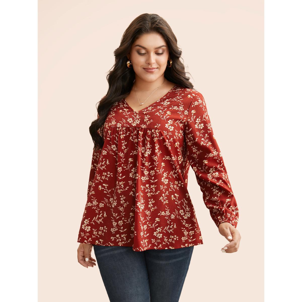Plus Size Scarlet Ditsy Floral Split Hem Gathered Blouse Women Elegant Extra Long Sleeve V-neck Everyday Blouses BloomChic 30/6X Product Image
