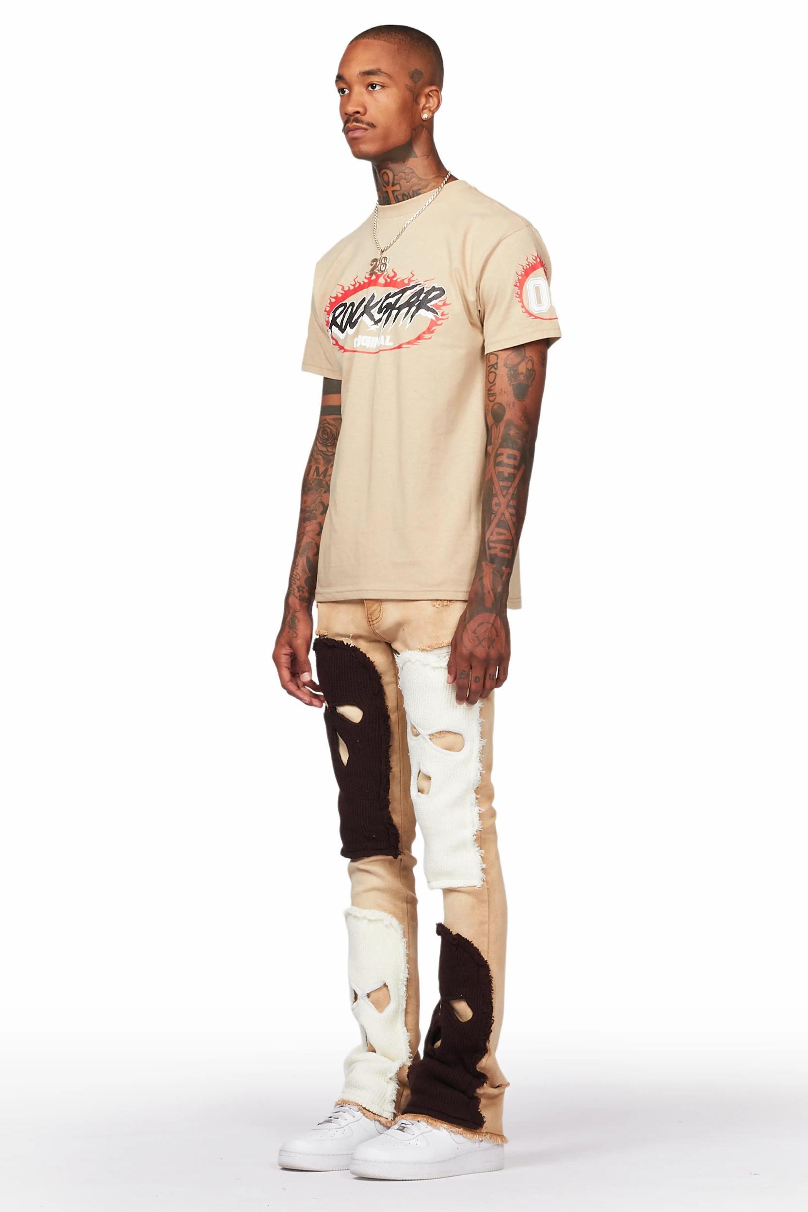 Destry Tan Patchwork Stacked Flare Jean Male Product Image