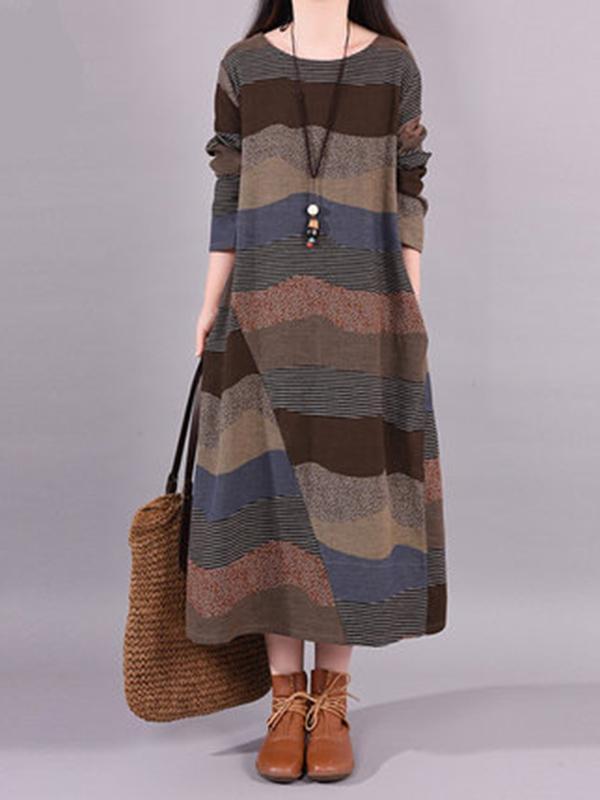 Artistic Retro Loose Ramie Cotton Striped Multi-Colored Round-Neck Long Sleeves Midi Dress Product Image