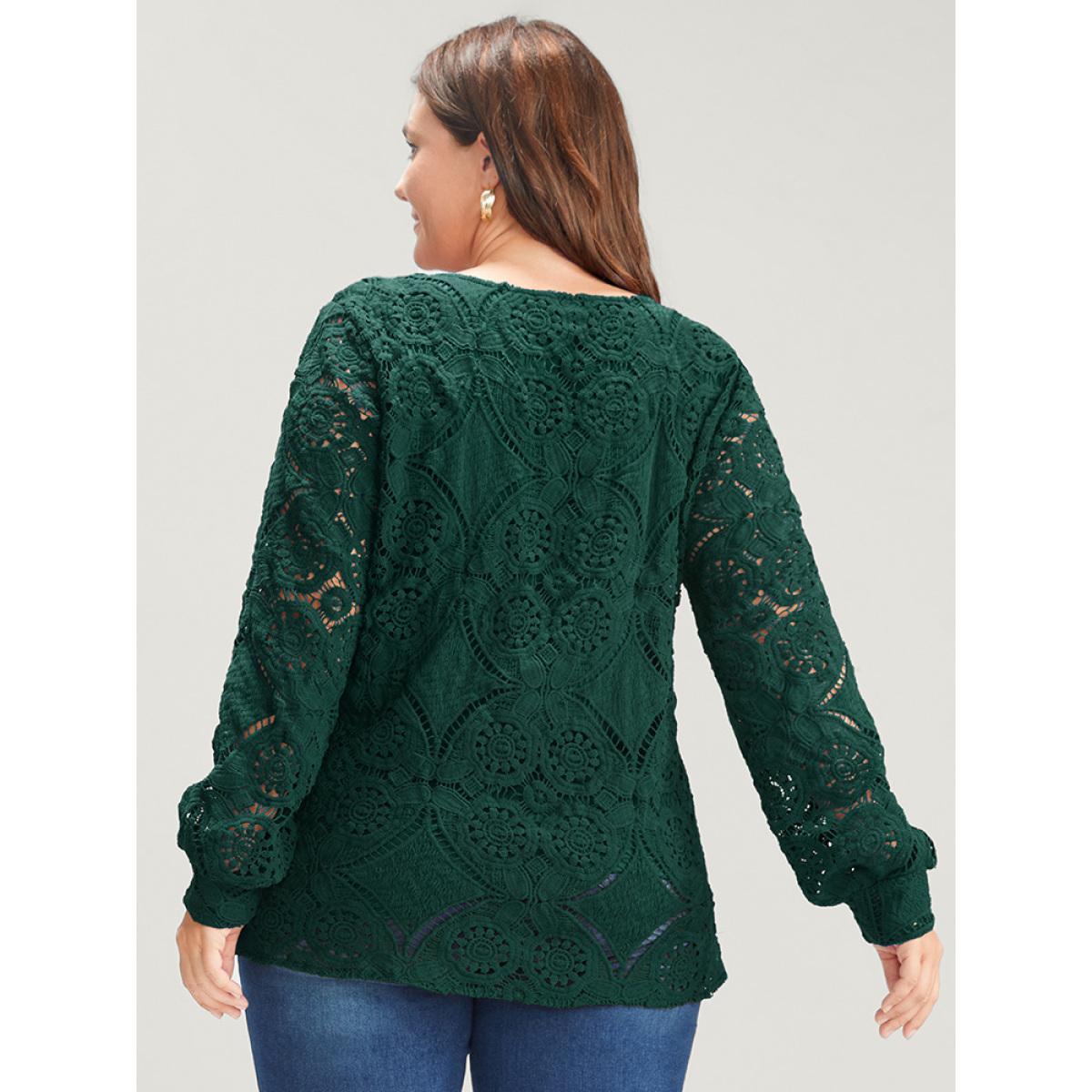 Plus Size DarkGreen Solid Crossover Hem Lace Blouse Women Glamour Long Sleeve V-neck Going out Blouses BloomChic 30/6X Product Image