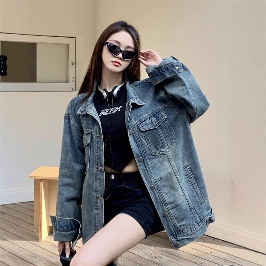 Collared Washed Denim Button Up Jacket Product Image
