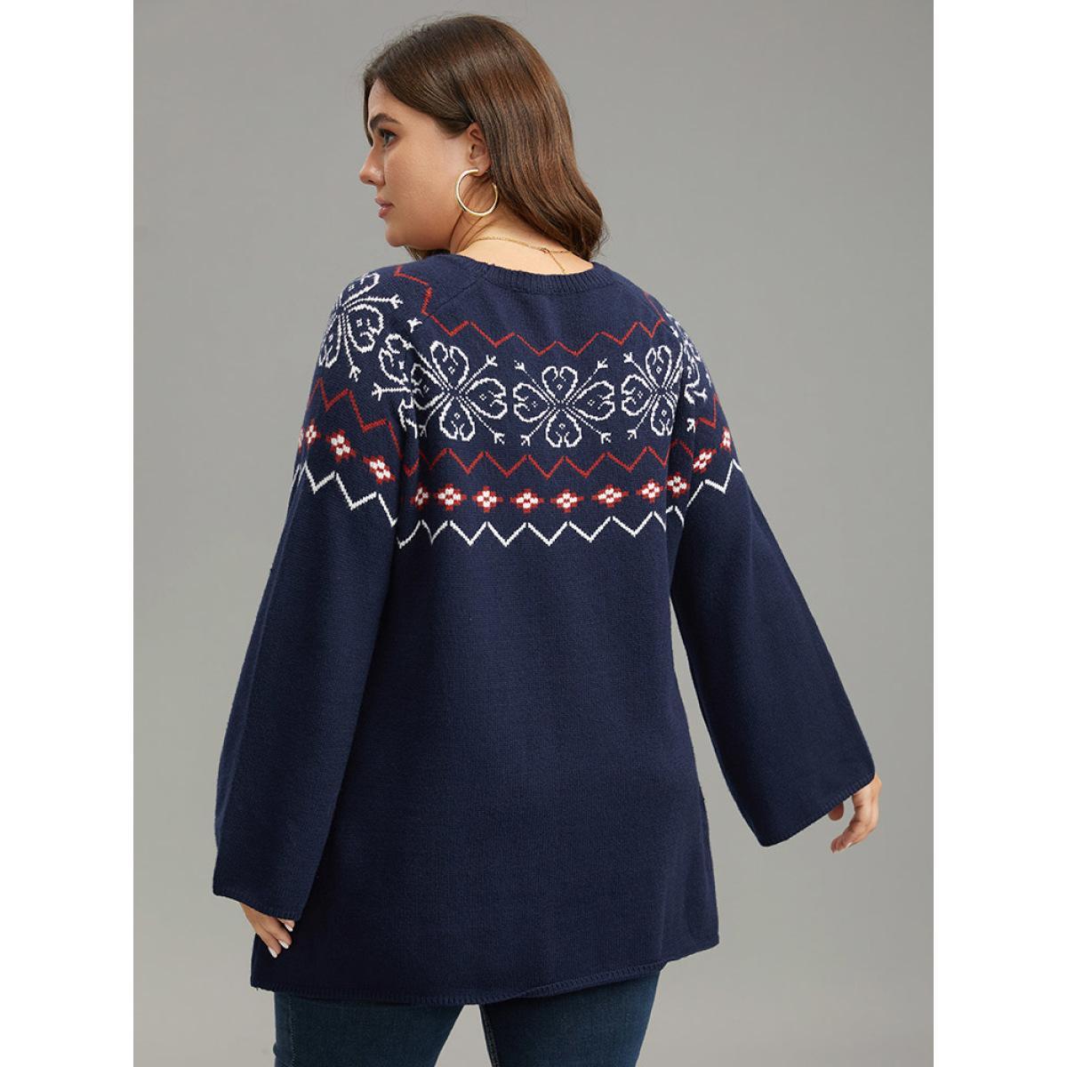 Plus Size Supersoft Essentials Geometric Bell Sleeve Pullover Indigo Women Casual Loose Long Sleeve Round Neck Dailywear Pullovers BloomChic 30/6X Product Image