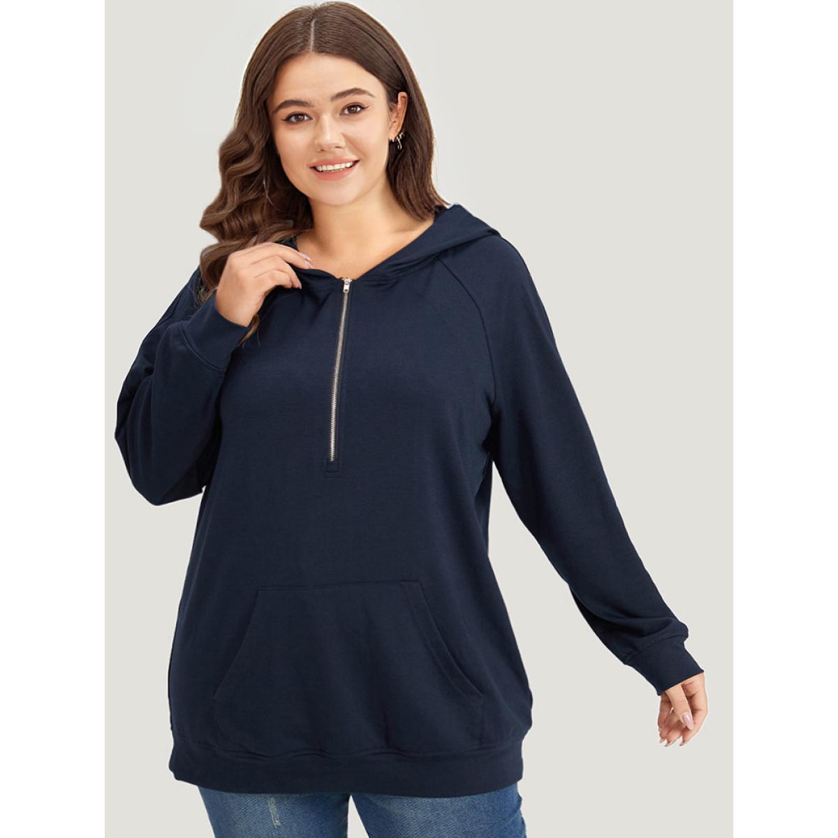 Plus Size Solid Half Zip Hooded Pocket Raglan Sleeve Sweatshirt Women Indigo Casual Elastic cuffs Hooded Dailywear Sweatshirts BloomChic 22-24/3X Product Image