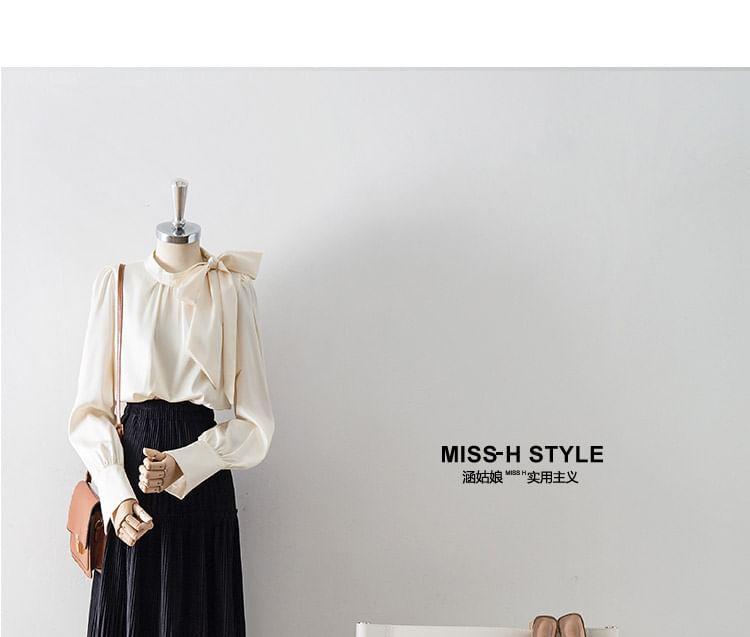 Long Sleeve Stand Collar Plain Bowknot Blouse Product Image
