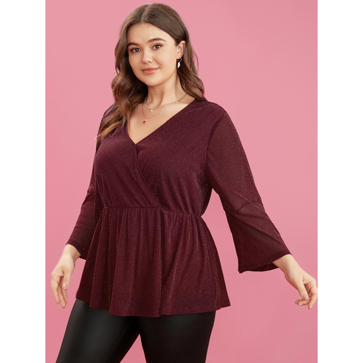 Plus Size Scarlet Solid Surplice Neck Bell Sleeve Glitter Blouse Women Glamour Elbow-length sleeve V-neck Dailywear Blouses BloomChic 30/6X Product Image