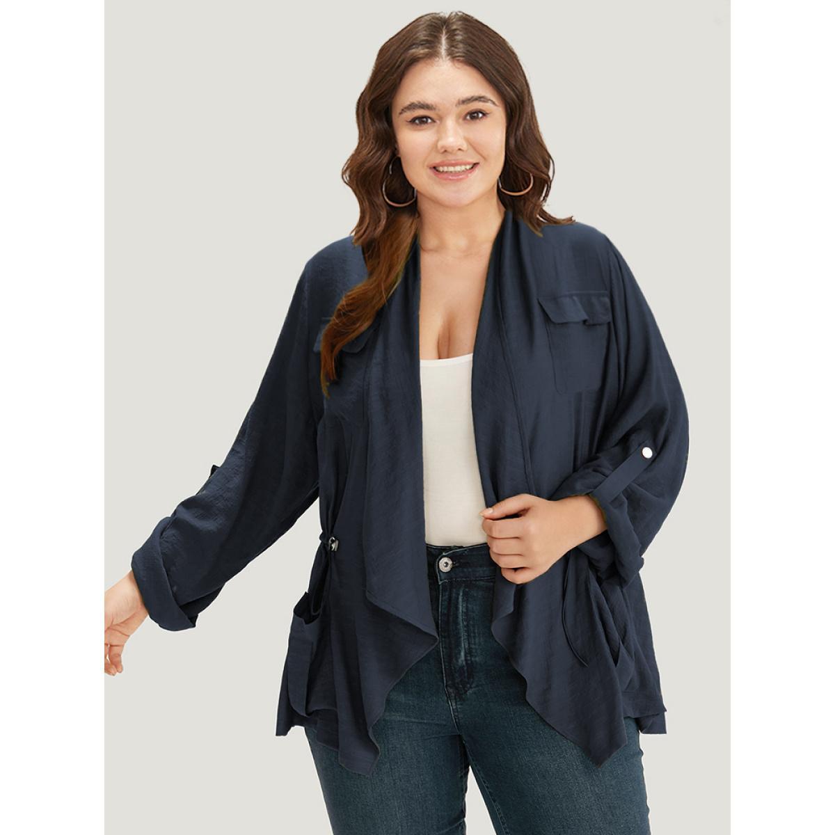 Plus Size Supersoft Essentials Plain Pocket Asymmetrical Drawstring Coat Women Indigo Plain Pocket Dailywear Jackets BloomChic 30/6X Product Image