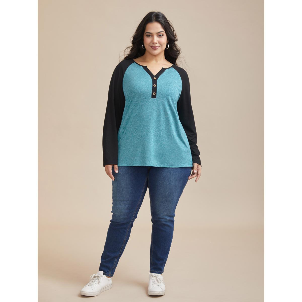 Plus Size Heather Patchwork Button Detail Stretchy T-Shirt Cerulean Women Casual Contrast Flat collar with V-notch Everyday T-shirts BloomChic 10/M Product Image