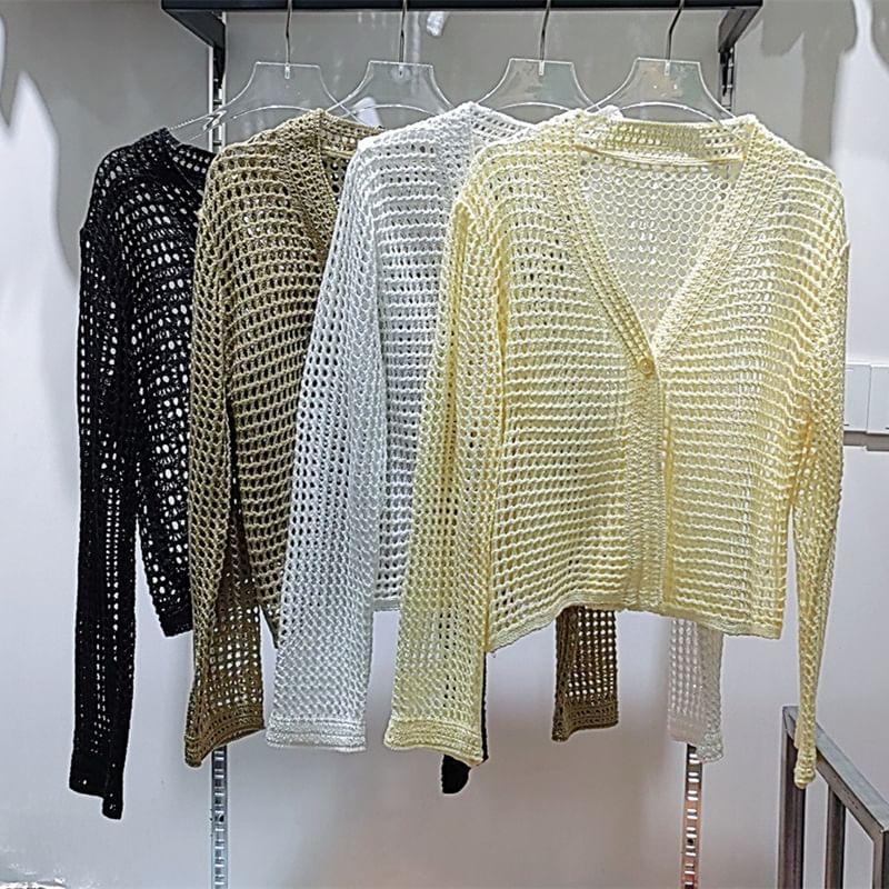 V-Neck Plain Pointelle Cropped Cardigan Product Image