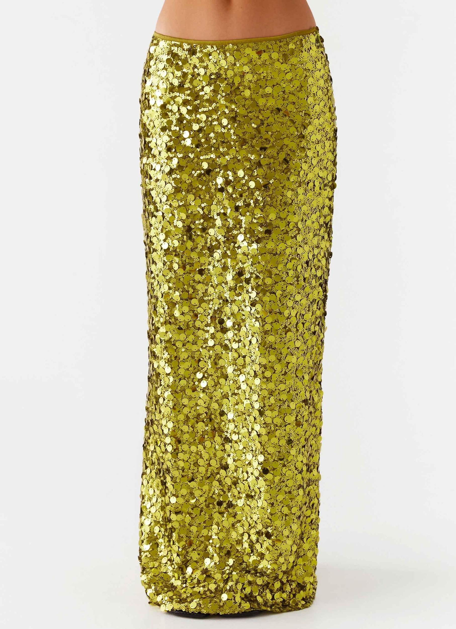 Perfect Places Low Rise Sequin Maxi Skirt - Olive Product Image