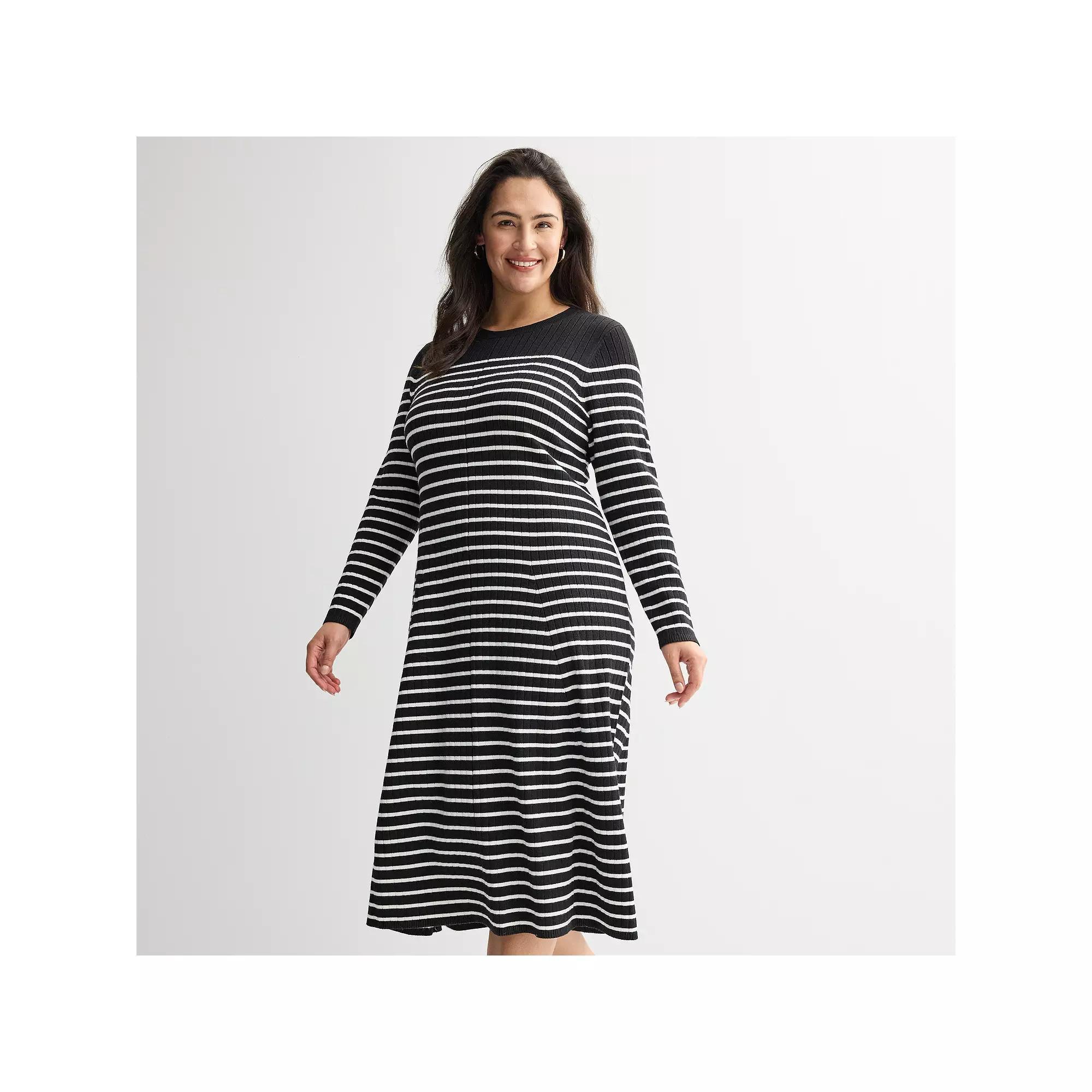 Plus Size Nine West Flare Sweater Dress, Women's, Size: 0X, Black Stripe Product Image