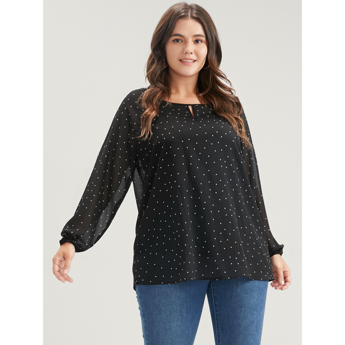 Plus Size Black Polka Dot Mesh Lantern Sleeve Keyhole Round Neck Blouse Women Elegant Long Sleeve Round Neck Dailywear Blouses BloomChic 26/4X Product Image