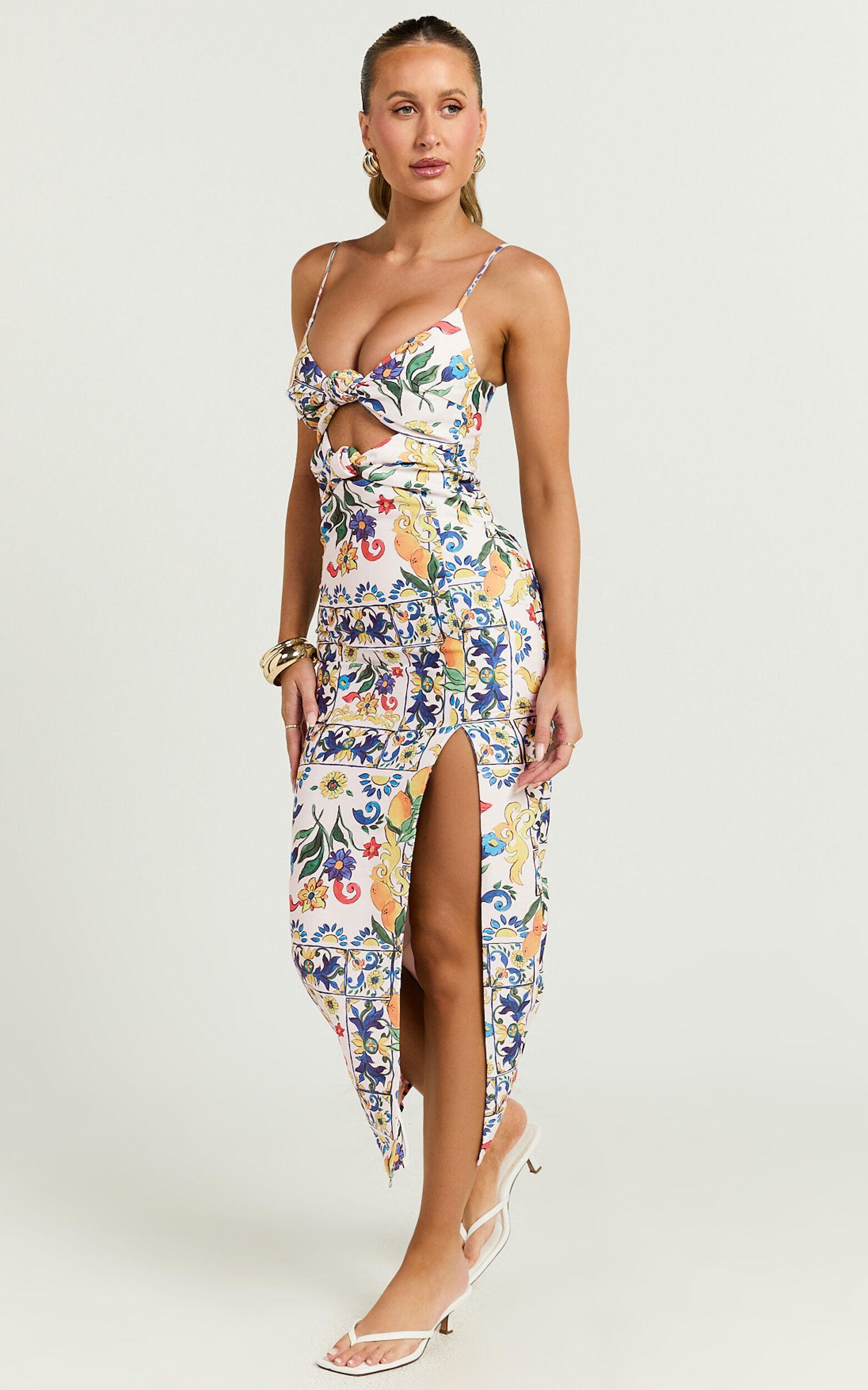 Janice Midi Dress - Knot Detail Front Split Dress in Positano Print Product Image