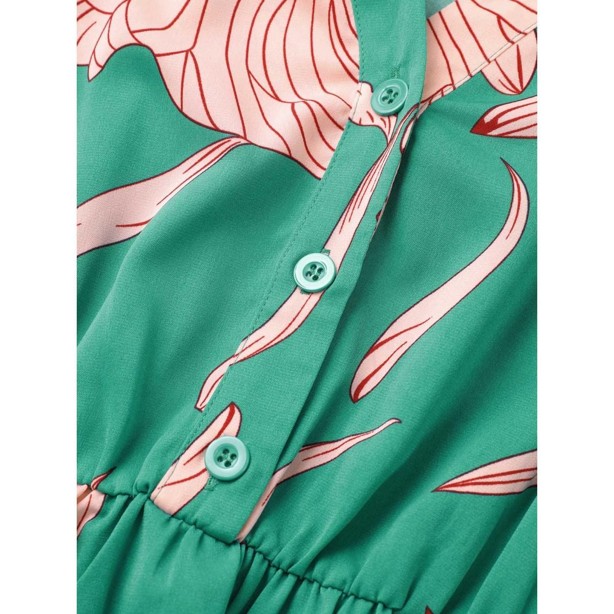 Plus Size Floral Notched Button Up Patchwork Ruffles Dress Green Women Elegant Non Notched collar Elbow-length sleeve Curvy Midi Dress BloomChic 22-24/3X Product Image