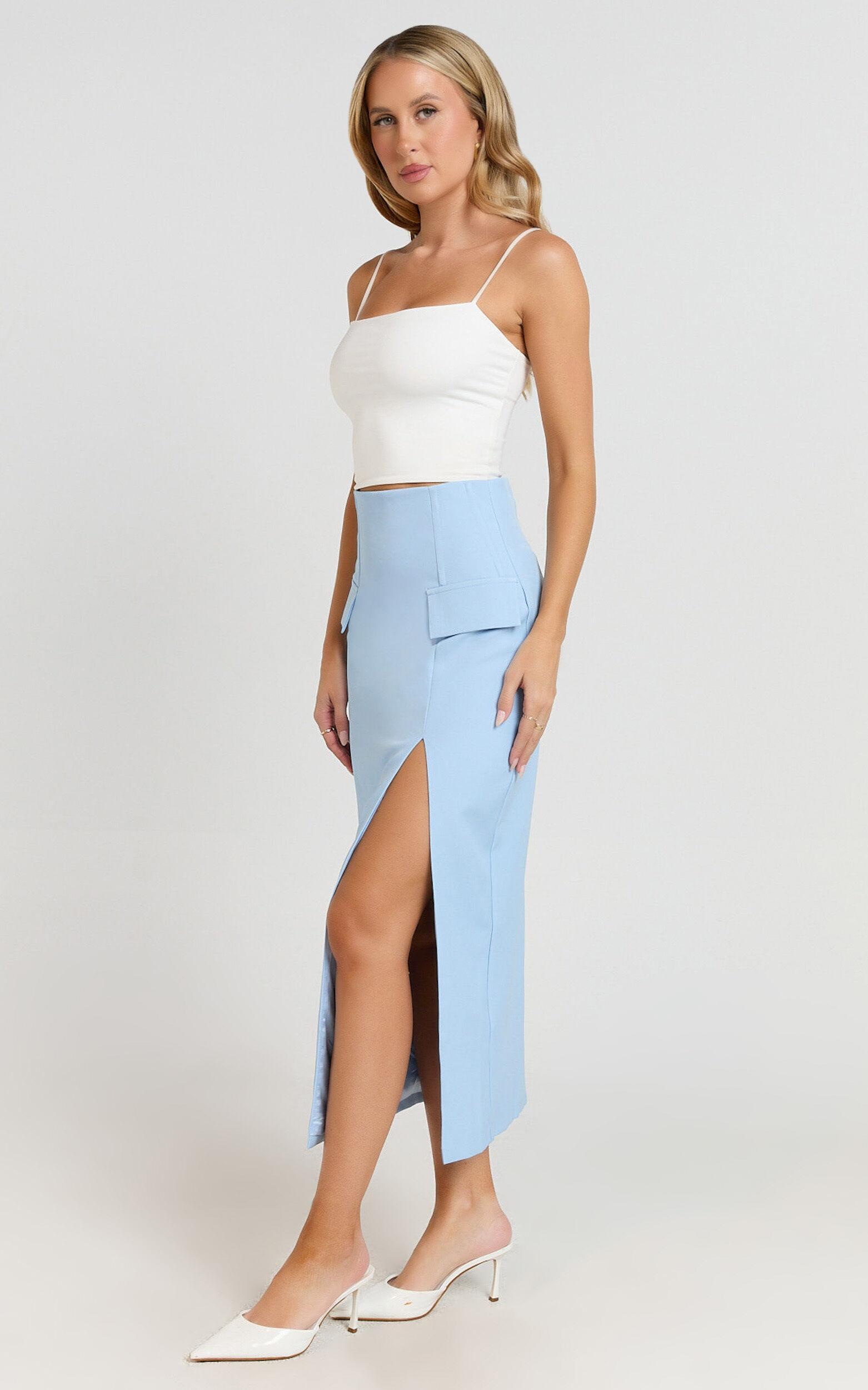 Davie Midi Skirt - High Waist Split Front Skirt in Ice Blue Product Image