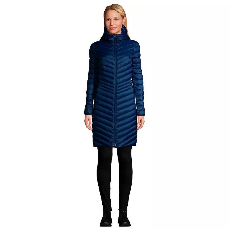 Women's Lands' End Hooded Wanderweight Ultralight Packable Long Down Coat, Size: Medium Tall, Black Product Image